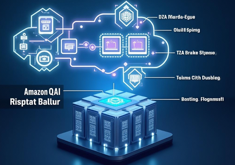 The image is a futuristic - looking graphic representing Amazon QAI (presumably Amazon Quantum Artificial Intelligence). It features a network of interconnected elements at the top, with various labels such as "DZA Marda - Egue", "Ouilq! Spimg", "TZA Brake Stjenio", "Teims Cith Dusbleg", and "Bosting. Flognmst!". These elements are connected by neon - like lines and nodes, giving a high - tech and digital appearance. Below this network is a cube - shaped structure with multiple compartments, each containing intricate patterns and symbols, and a central glowing element. The text "Amazon QAI Risptat Ballur" is prominently displayed on the left side of the image, likely indicating some form of status or result related to the QAI system. The overall design conveys a sense of advanced technology and data management within the realm of Amazon's quantum artificial intelligence initiatives.