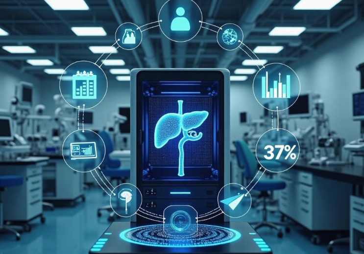 A high - tech medical or scientific laboratory setting with various pieces of equipment in the background. At the center, there is a large screen displaying a glowing blue 3D model of a liver. Surrounding the screen are several circular icons, each representing different concepts such as a person, a calendar, a globe, a bar chart, a test tube, a brain, and an arrow. One of the icons prominently shows the number "37%". The overall scene suggests advanced medical research or data - related activities, possibly involving liver health or medical analytics.