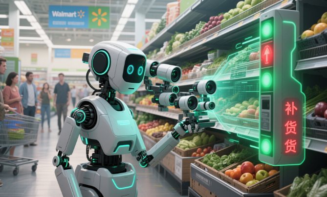 Walmart autonomous shelf-scanning robot with multiple camera arrays performing real-time inventory check in supermarket aisle with holographic restock alerts