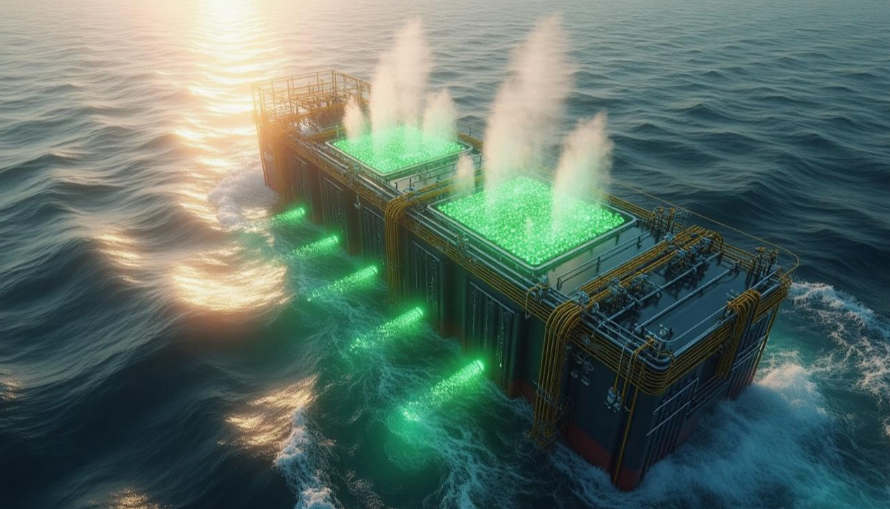 An expansive aerial - view image showcases a large, rectangular structure floating on the undulating ocean surface. The structure is characterized by its industrial design, with a network of yellow - hued pipes running along its sides and top. Atop the structure, there are two prominent square sections emitting a vibrant green glow, which appears to be emanating from within. From these green - glowing areas, plumes of white mist or steam rise into the air, adding a dynamic element to the scene. Additionally, green lights are visible beneath the structure, illuminating the surrounding water and creating a striking contrast against the dark blue of the ocean. The golden hues of the setting or rising sun cast a warm reflection on the water's surface, enhancing the overall visual impact of the image.
