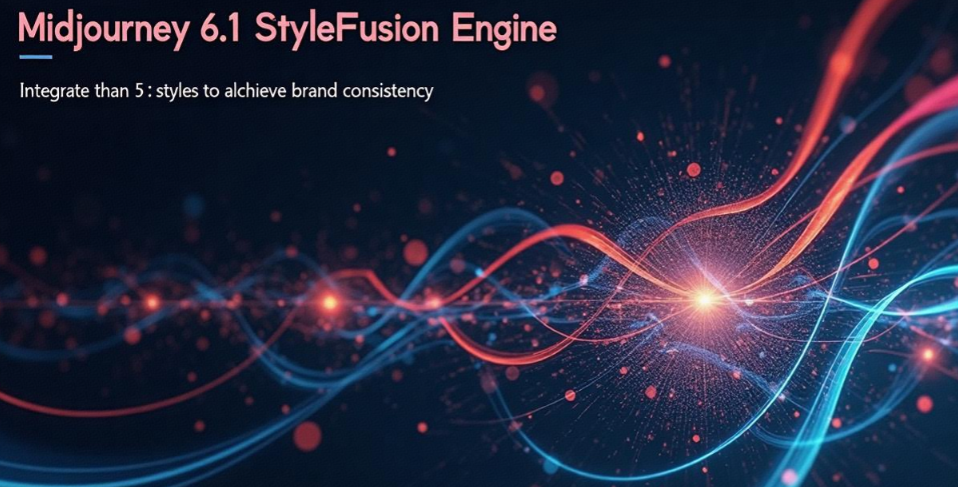 The image showcases the "Midjourney 6.1 StyleFusion Engine". It features a visually - striking background with swirling lines in red and blue hues, interspersed with glowing dots and a bright central light source, creating a dynamic and high - tech aesthetic. The text at the top reads "Midjourney 6.1 StyleFusion Engine" in a prominent pinkish - red font, and below it, the text "Integrate than 5: styles to achieve brand consistency" is displayed in a smaller, white font, indicating the engine's capability to combine more than five styles for brand uniformity.