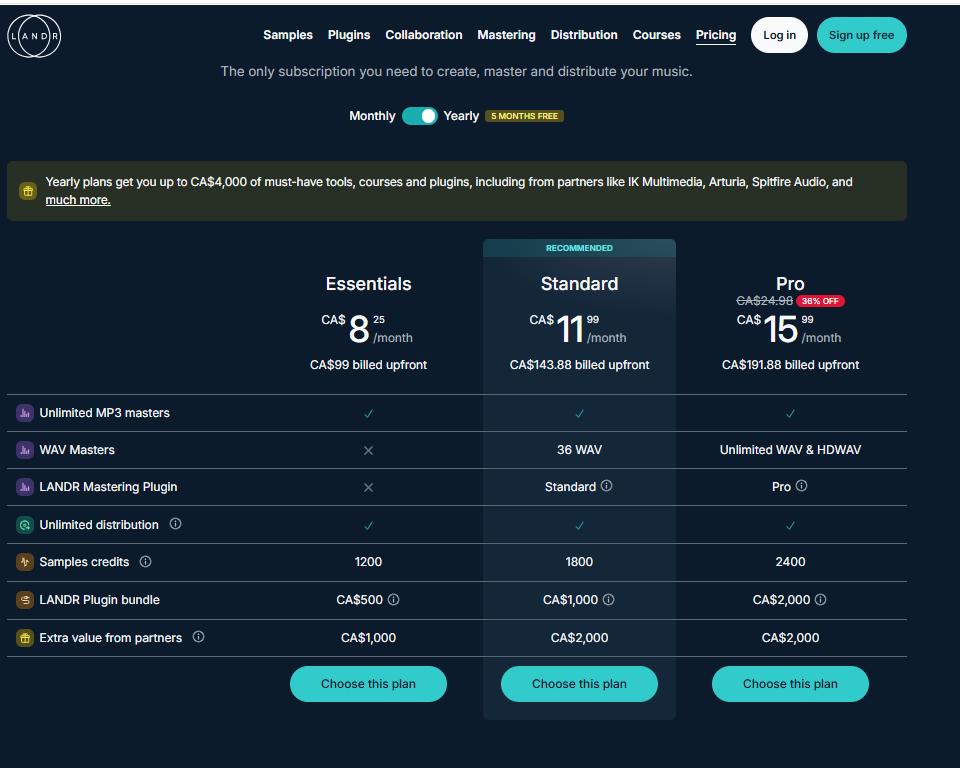 LANDR Pricing Plans .png
