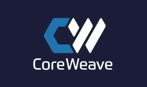 CoreWeave company logo featuring a stylised blue and white geometric design with the text 'CoreWeave' below, set against a dark navy background.