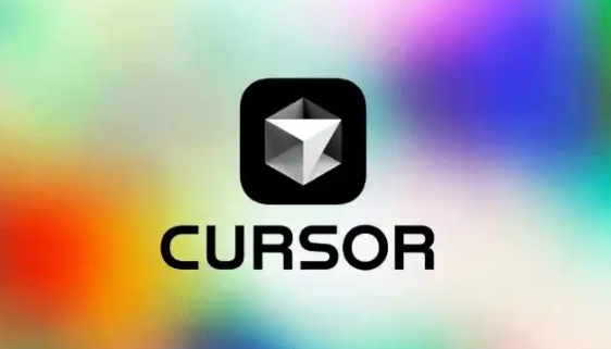 The image displays the Cursor AI logo, featuring a geometric, three-dimensional silver diamond icon set within a rounded black square. Below the icon, the word 'CURSOR' is written in bold, modern black lettering. The background is a soft, abstract blend of vibrant colours, including green, blue, purple, and orange, creating a dynamic and futuristic visual effect.