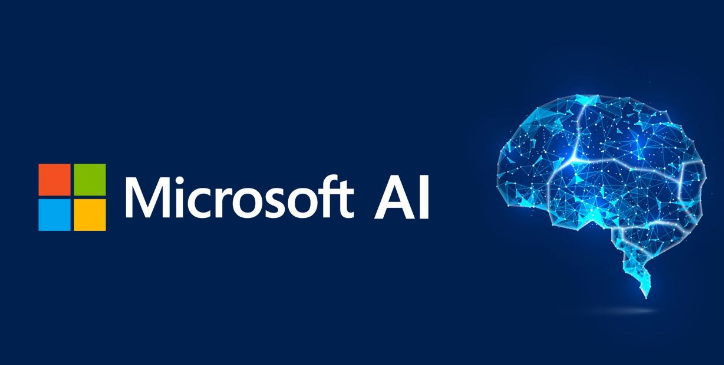 Microsoft AI logo featuring the Microsoft brand name and a digital brain illustration representing artificial intelligence, set against a dark blue background.