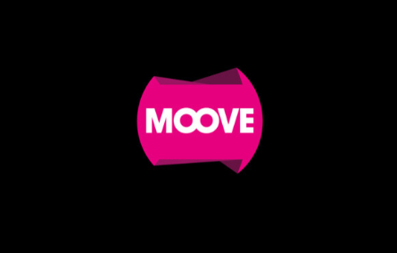 Moove logo in bold white text on a vibrant pink geometric shape, set against a solid black background, representing the innovative mobility technology brand