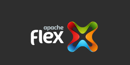 The image shows the official logo of Apache Flex, featuring the word 'Flex' in bold white letters with the word 'apache' in smaller lowercase font above it. To the right is a colourful, three-dimensional 'X' symbol with gradients of blue, green, red, and orange, all set against a dark background.