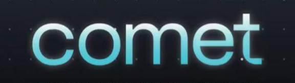 The image displays the word 'comet' in a modern, rounded font with a gradient blue glow effect on a dark background, representing a sleek and futuristic design.