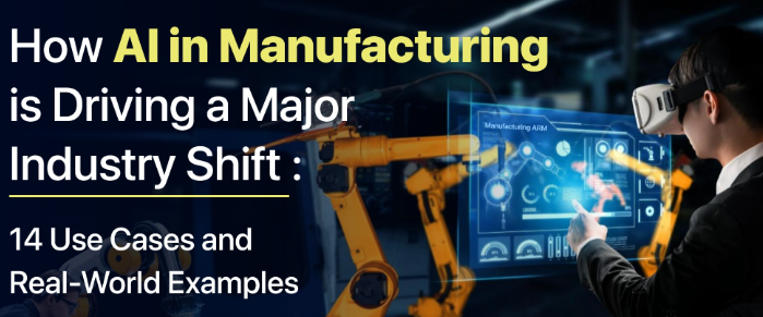 Manufacturing Sector AI Technology Penetration showing smart factory floor with robotic arms, AI-powered quality control systems, and digital monitoring displays representing industrial automation and Manufacturing AI implementation in modern production facilities