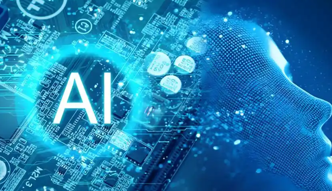 A digital illustration featuring the word 'AI' illuminated on a computer circuit board, with a stylised blue human face composed of data points and digital particles, symbolising the integration of artificial intelligence and advanced technology.