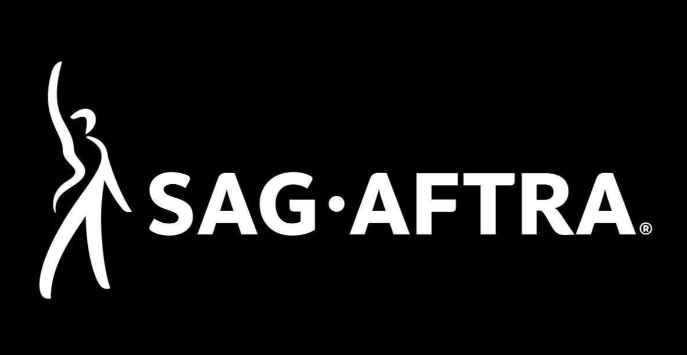 SAG-AFTRA logo in white on a black background, featuring a stylised human figure to the left of the bold text 'SAG·AFTRA'