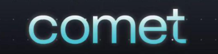 The image displays the word 'comet' in a modern, glowing font with a blue gradient effect against a dark background, evoking a futuristic and technological aesthetic.