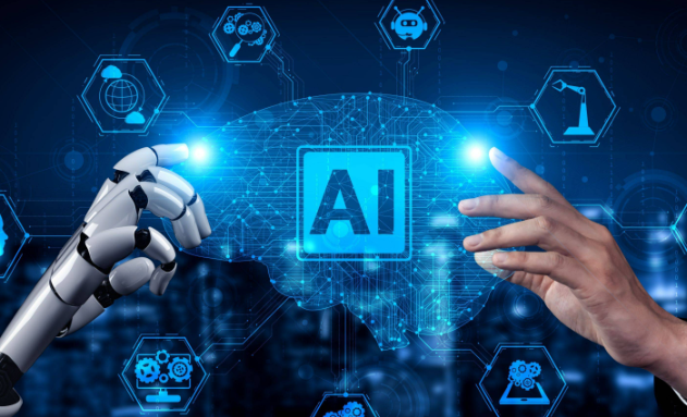 A robotic hand and a human hand reach towards each other in front of a digital brain-shaped interface displaying the letters 'AI', symbolising the collaboration between artificial intelligence and human intelligence in advanced technology. Various icons representing automation, robotics, and data science appear in the background, highlighting the integration of AI across multiple industries.