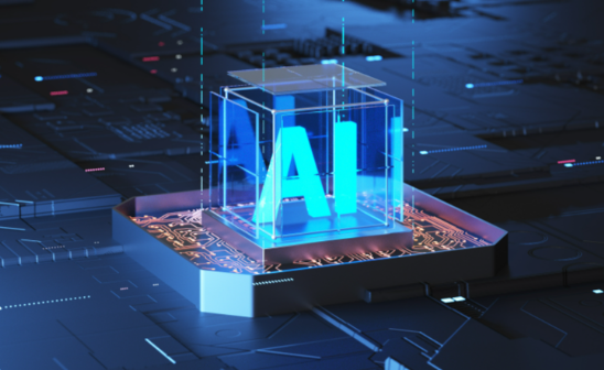 A glowing blue AI symbol encased in a transparent cube, positioned on a futuristic microchip circuit board, representing advanced artificial intelligence technology.