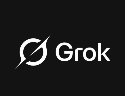 The image displays the Grok logo, featuring a stylised white circular emblem with a diagonal slash, positioned to the left of the bold white text 'Grok', all set against a solid black background.