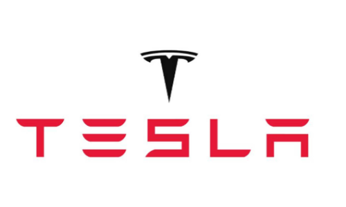 Tesla logo in black and red, featuring a stylised 'T' above the brand name 'TESLA' in bold, futuristic lettering.