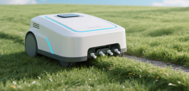 Modern AI lawn mower robot manufacturing facility showing precision cutting technology and automated production line creating 20,000 units monthly with 2cm accuracy for smart garden automation and robotic lawn care systems