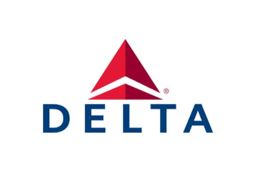 Delta Airlines logo featuring a bold red triangular emblem above the word 'DELTA' in blue capital letters, symbolising the airline's dynamic and innovative spirit.